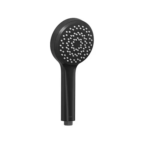 Schwarze Handbrause von Kludi mit runder Kopfpartie und gleichmäßig angeordneten Düsen. Ergonomischer Griff für eine komfortable Nutzung.